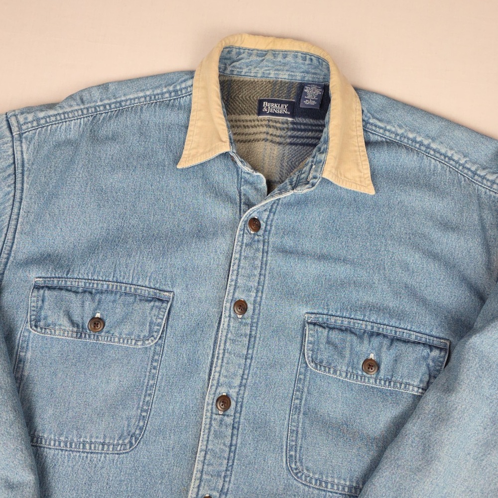Berkley & Jensen Fleece Lined Denim Shirt Jacket Mens Large Blue Corduroy Collar